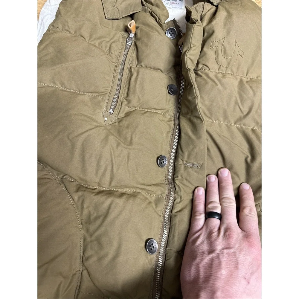 True Religion Hooded Puffer Vest Mens 2XL Quilted Dark‎ Kaki Full Zip